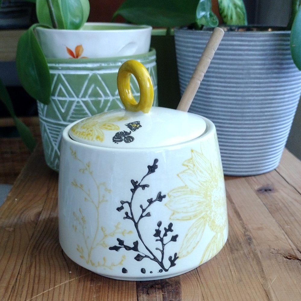 Floral Ceramic Honey Or  Sugar Bowl with Lid and Wooden Honey Spoon